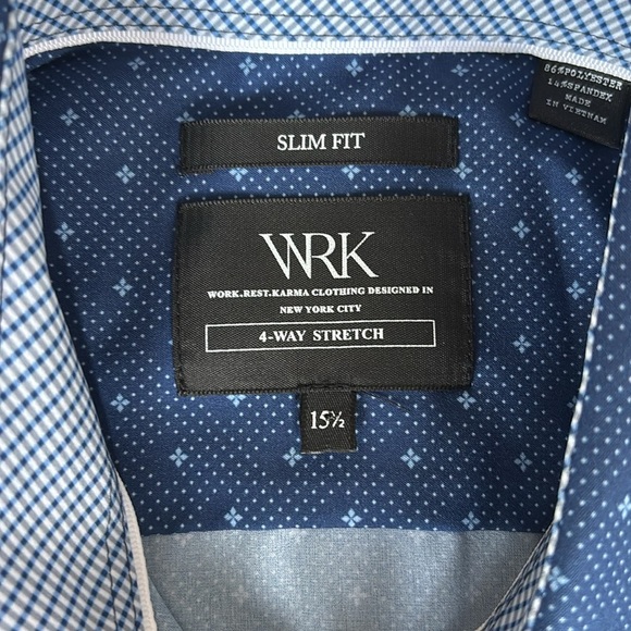 WRK Men’s 4 Way Stretch Slim Fit Dress Shirt in Blue Diamond Dot Size 15.5 NWT - Picture 4 of 9